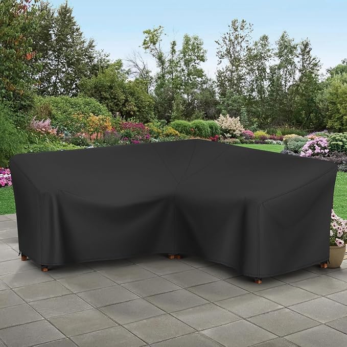 SunPatio Outdoor Sectional Sofa Cover, 420D Waterproof V-Shaped Furniture Couch Covers with Drawstrings and Straps, All Weather Protection, 100" W (on Each Side), Black