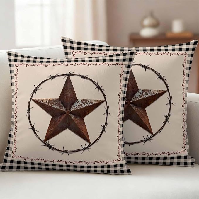 American Country Outdoor Waterproof Throw Pillow Covers Set of 2, 26"x26", Star Farmhouse Beige Black Buffalo Plaid Decorative Pillow Covers Outside Cushion Case for Patio Porch Garden