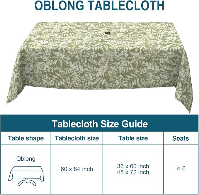 DYTXIII Outdoor Rectangle Tablecloth with Umbrella Hole and Zipper 84" x 60", Water Repellent Floral Picnic Cover, Fade & Wrinkle Resistant Tablecloth for Patio/Garden/Party Table, Tropical Leaf Green