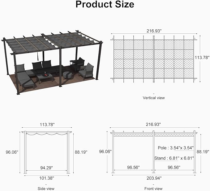 PURPLE LEAF 10' X 18' Outdoor Pergola with Retractable Canopy Aluminum Shelter for Porch Garden Sun Shade Beach Pavilion Grape Trellis Grill Gazebo Modern Backyard Deck Metal Patio Pergola Gray