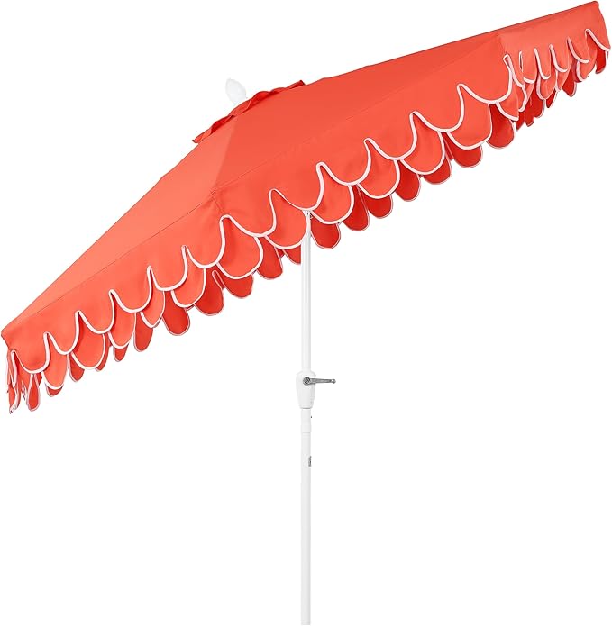 JONATHAN Y Tracy 9 ft. Outdoor Patio Umbrella with Scalloped Edge, Coastal Market Table Umbrella with Crank Lift and Tilt, 8 Sturdy Ribs UV Resistant for Pool, Coral Red, White Pole UMB1002F