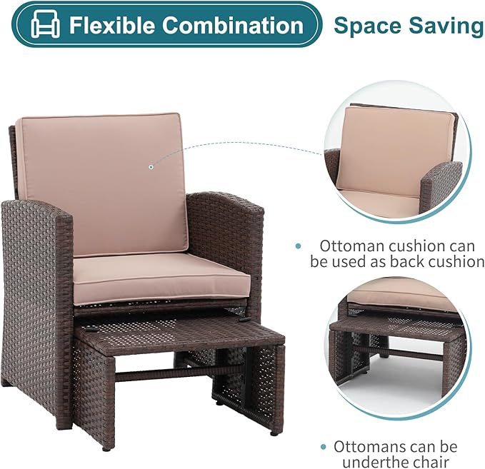 OC Orange-Casual 5 Pcs Patio Conversation Set Balcony Furniture Set with Cushions, Brown Wicker Chair with Ottoman, Storage Table for Backyard, Garden, Porch, Beige