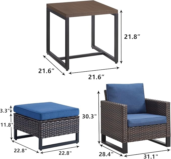 Rilyson Wicker Outdoor Patio Furniture Set - 5 Piece Patio Conversation Set with 2 Wicker Armrest Chairs,2 Rattan Ottoman and 1 Metal Side Table for Outside Porch Deck Backyard Garden(Brown/Blue)
