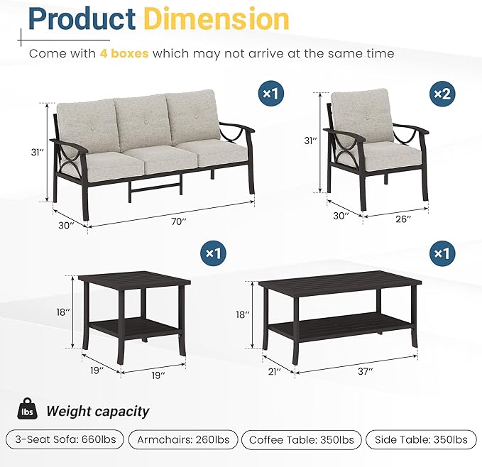 RoyalCraft 5-Pieces Outdoor Patio Furniture Set, Outdoor Metal Sectional Furniture with Cushions, Outdoor Conversation Seating Set with Coffee Table for Balcony, Backyard, Garden, Deck, Black