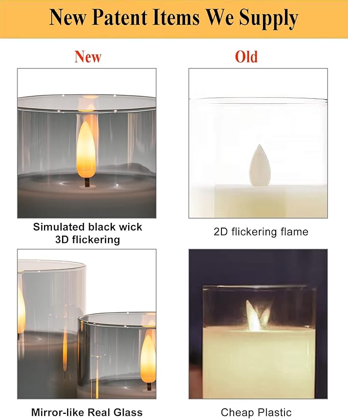ANGELLOONG Grey Fake Candles Battery Operated, Flickering Flameless Candles with Timer and Remote, Glass LED Electric Pillar Candles Set of 3 for Home Coffee Table Bathroom Decor