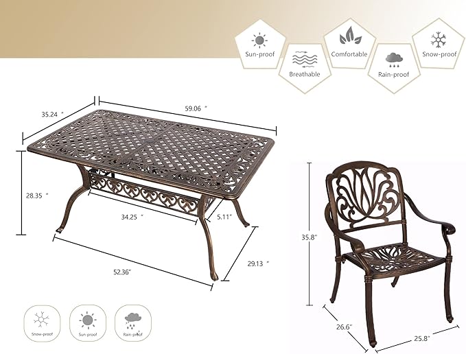 Grepatio 7 Piece Patio Dining Set Outdoor Dining Set Cast Aluminum Furniture Set with 6 Dining Chairs and Dining Table for Backyard Garden Deck Poolside (6 Flower Chairs Without Cushion)