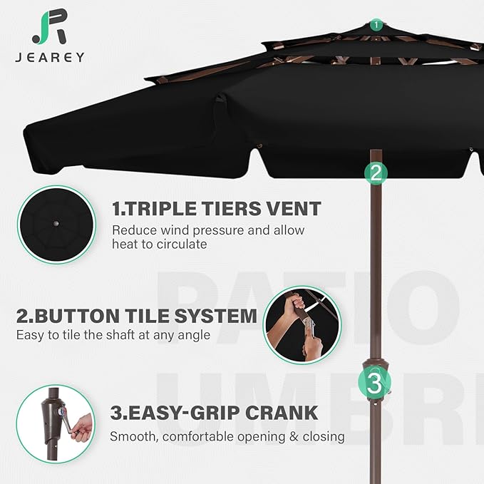 JEAREY 3 Tiers 9 FT Patio Umbrellas Outdoor Table Umbrella with Push Button Market Umbrella 8 Sturdy Ribs UV Protection Waterproof for Garden,Black