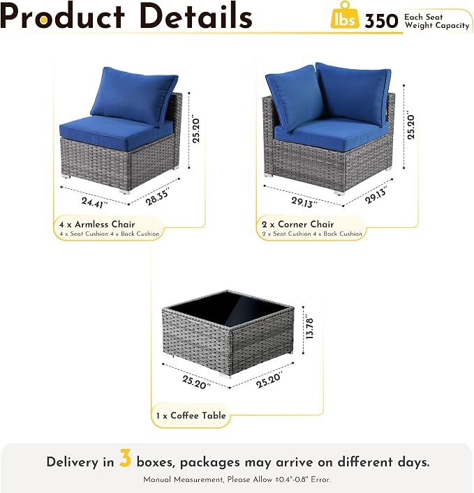 Wreaxty 7 Pieces Outdoor Patio Furniture Set,Wicker Sectional Sofa Couch with Thicken Cushion and Glass Coffee Table,All Weather Rattan Patio Conversation Sets for Porch,Poolside,Backyard,Navy Blue