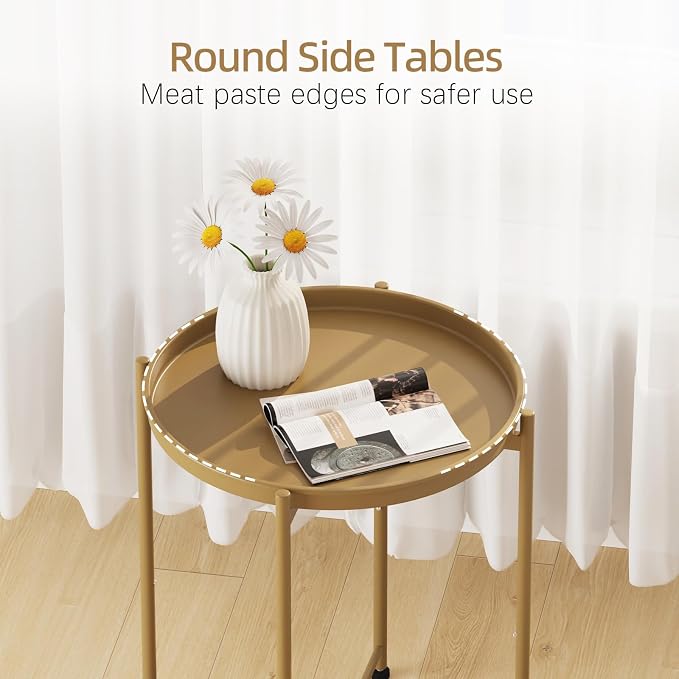 Garden 4 you Small Side Table, Gold Mini Round End Table, Tray Table with Metal Frame, Modern Nightstand for Living Room, Bedroom, Patio, Small Space, 2pcs