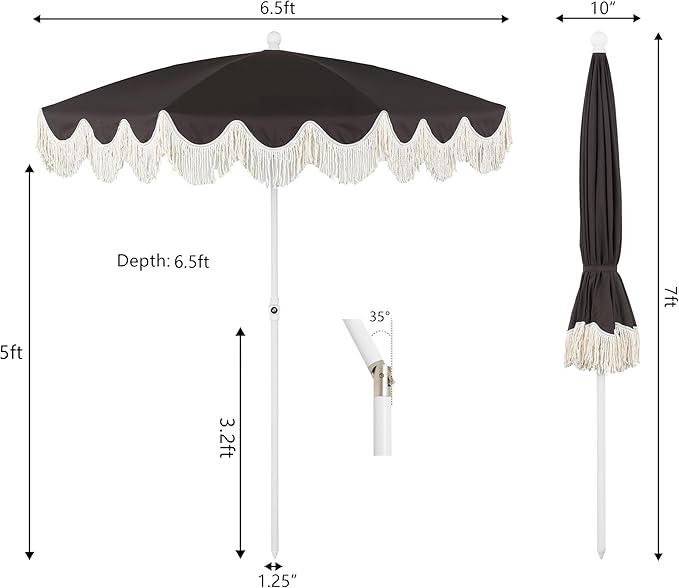 JONATHAN Y Mariner 6.5 ft. Beach Umbrella, Black Solid with Fringe, Push-Button Tilt, UPF 50+ Sun Protection and Carrying Bag for Patio and Pool, White Pole UMB1005R