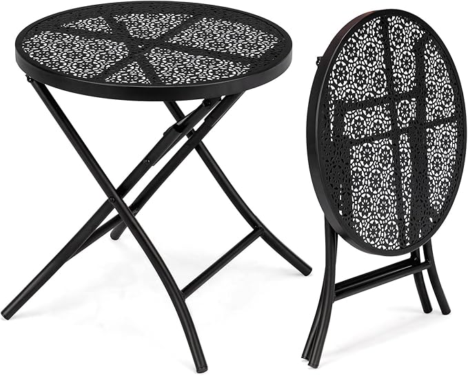 Patio Folding Side Table, Round Outdoor End Table,18 inch Folding Patio Side Table, Metal Steel Outdoor Round Coffee Table with Flower Cutouts for Patio Yard Balcony Garden, Black