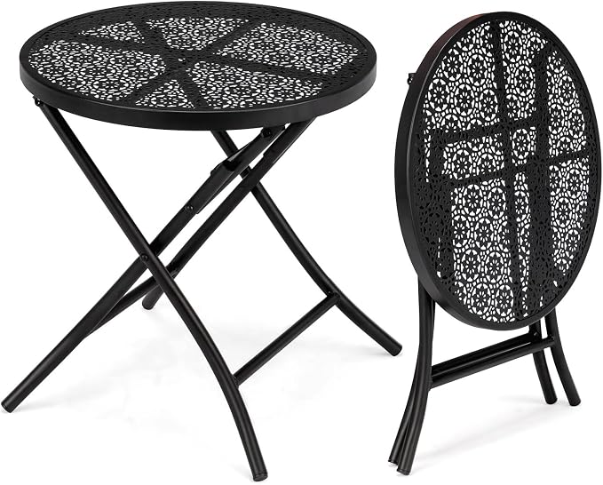 18 Inch Folding Patio Side Table, Outdoor Metal Round Coffee Table with Flower Cutout Design, Portable Steel End Table for Garden, Balcony, Yard, Black