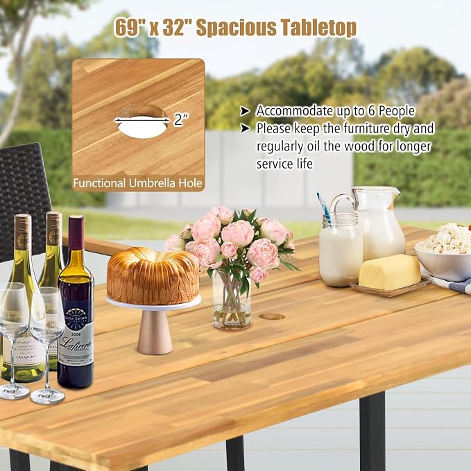 Tangkula 7 Piece Patio Rattan Dining Set, Outdoor Wicker Chair & Dining Table Set, Acacia Wood Tabletop w/Umbrella Hole, Seat Cushions Included, for Poolside, Backyard (7 PCS)
