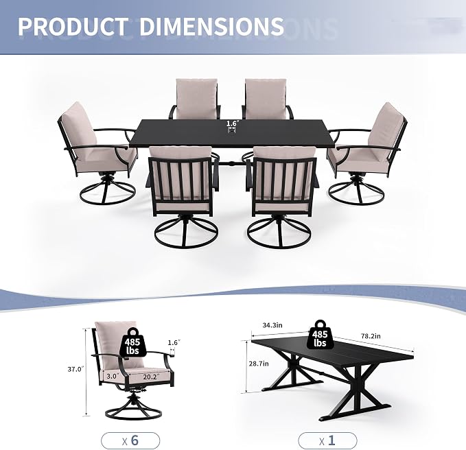 Kullavik 7 Pieces Outdoor Dining Set,Patio Dining Table and Chairs Set for 6,Fence Pattern Back Swivel Chairs with Thickened Cushions & X-Frame Metal Dining Table with Umbrella Hole for Patio,Sand