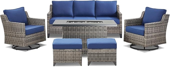 Patio Furniture Set with 42.5" Fire Pit Table-6 Pieces All Weather Wicker Outdoor Furniture with High Back Swivel Patio Chairs Set of 2 Outdoor Couch for Deck Backyard Blue/Gray