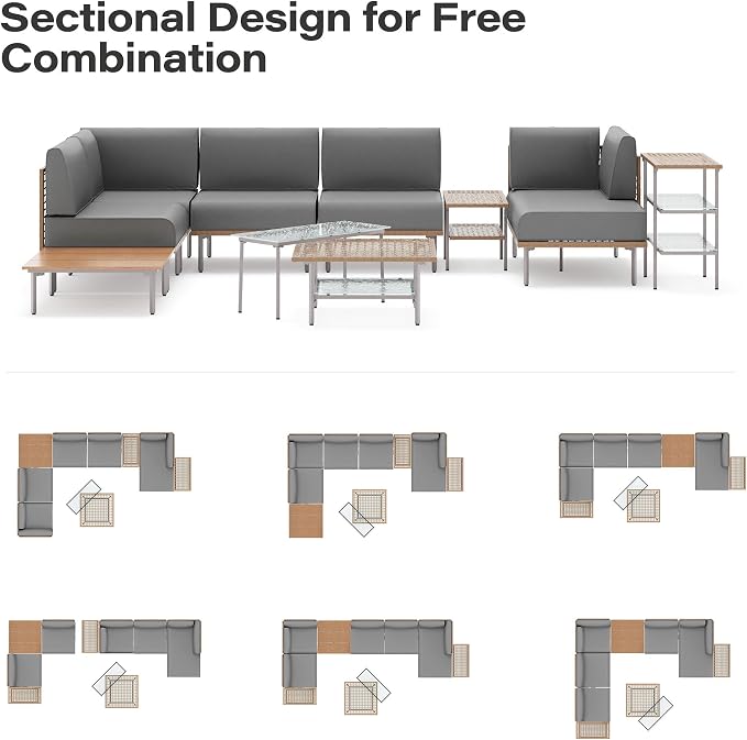 LAUSAINT HOME Outdoor Patio Furniture Set, 10-Piece Wicker Outdoor Conversation Set PE Rattan Sectional Sofa with Washable Cushions and Tempered Glass Table for Garden (Grey)