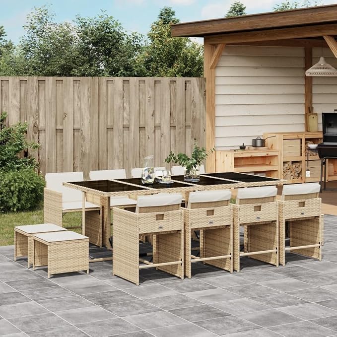 13-Piece Patio Dining Set, PE Rattan Garden Table and Chairs with Cushions, Space-Saving Cube Design for Backyard, Beige