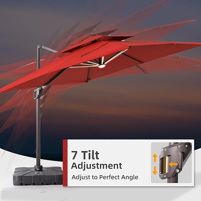 9x12 FT Patio Umbrella with Weighted Base and LED Lights Cantilever Outdoor Large Heavy Duty Rectangle Aluminum Offset Umbrellas Double Top 360 Rotation for Pool Deck Garden, Red