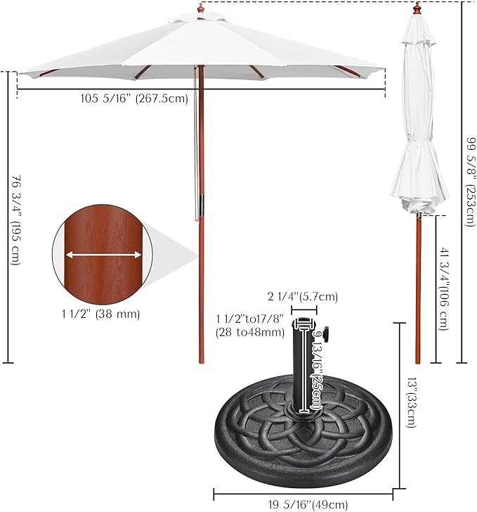 Yescom 9ft Coastal Solid Wood Umbrella Pulley Lift Commercial Base with Wheel Included for Seaside Restaurant Terrace Poolside Beach Club