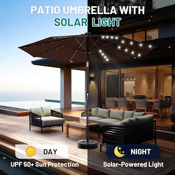 AreShark 9FT Patio Umbrella with Solar Lights, 32 Lighted Pool Umbrella w/Tilt and Crank, Outdoor Market Solar Umbrellas for Garden, Deck, Backyard, Pool and Beach, Brown