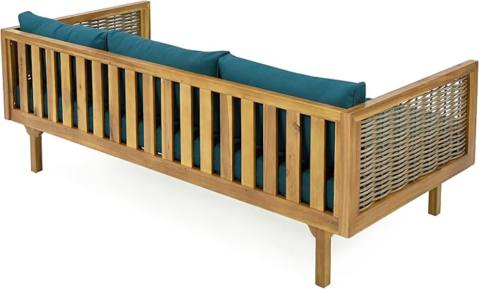 Merax Outdoor Acacia Wood Conversation Set, 3-Seat Loveseat Sofa w/Coushion and Round Coffee Table for Backyard, Patio Furniture, Teak+Teal