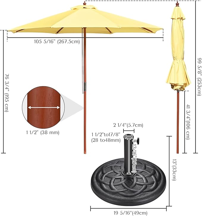 Yescom 9ft Coastal Solid Wood Umbrella Pulley Lift Commercial Base with Wheel Included for Seaside Restaurant Terrace Poolside Beach Club