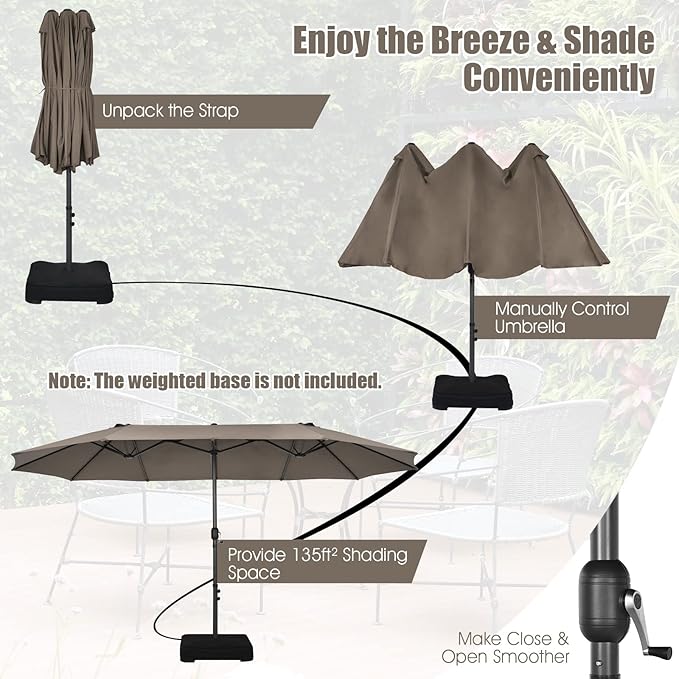 Tangkula 15Ft Double-Sided Patio Umbrella, Outdoor Extra Large Umbrella W/Hand-Crank System & Air Vents, Market Twin Umbrella W/ 12-Rib Sturdy Metal Frame for Poolside, Garden Backyard (Tan)