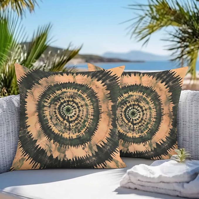 Vandarllin Outdoor Throw Pillows Covers 16x16 inch Set of 2 Waterproof Brown Tie-Dye Art Decorative Zippered Cushion Covers for Patio Furniture, Abstract Boho Tribe Lumbar Pillowcases