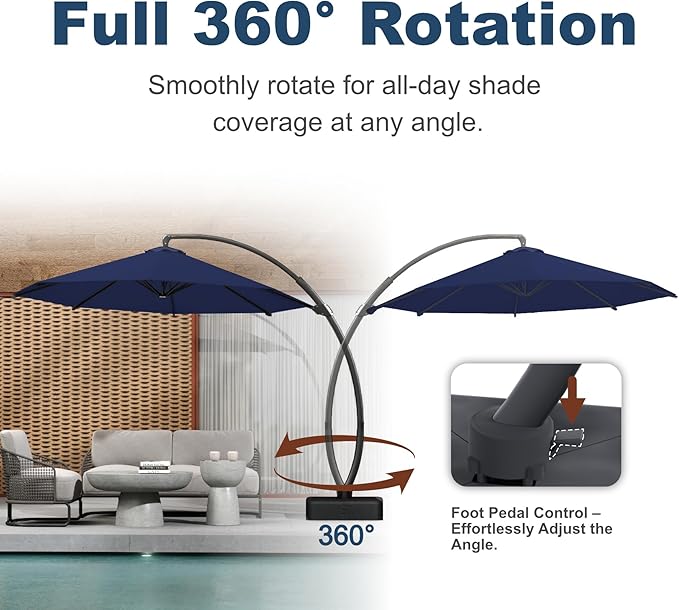 11FT Cantilever Umbrella with Base Large Curvy Outdoor Aluminum Offset Umbrella w/ 360° Rotation, UV Resistant Canopy for Patio, Garden, Backyard, Navy Blue