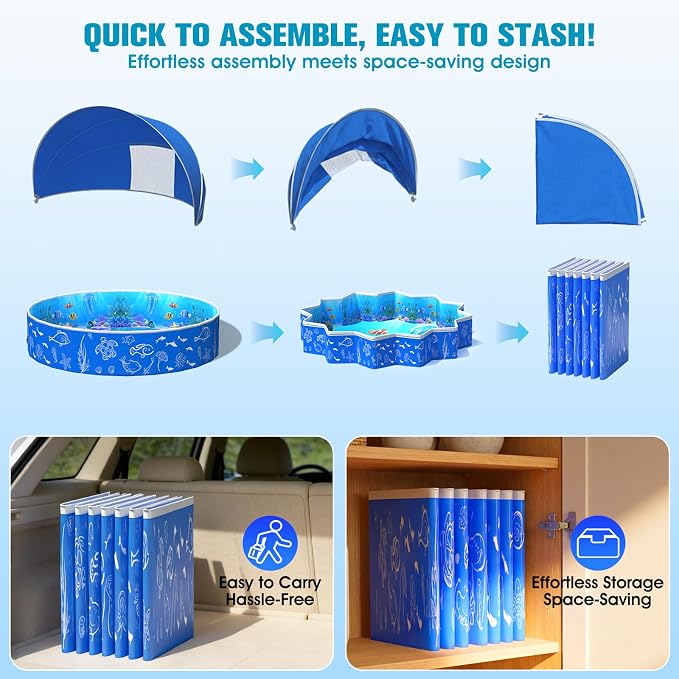 FizZeal Kiddie Pool with Canopy, 49in Foldable Toddler Pool,Pop Up Baby Pool with Shade,UPF 50+UV Portable Swimming Pool for Kids,Collapsible Baby Pool for Beach, Outdoor Toddler Pool for Backyard