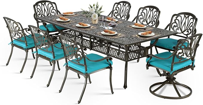 VIVIJASON 9-Piece Outdoor Dining Set, Cast Aluminum Patio Furniture Table & Chairs Set, Include 94.5" Rectangular Table, 2 Swivel Rockers, 6 Stationary Chairs, Umbrella Hole, Ocean Blue Cushion