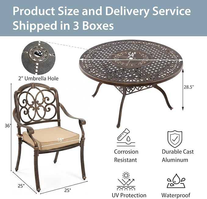 5-Pcs Cast Aluminum Patio Dining Set for 4, 54" Round Table,Bronze | Outdoor Furniture Set Include Dining Table and 4 Stackable Chairs with Cushions & Umbrella Hole