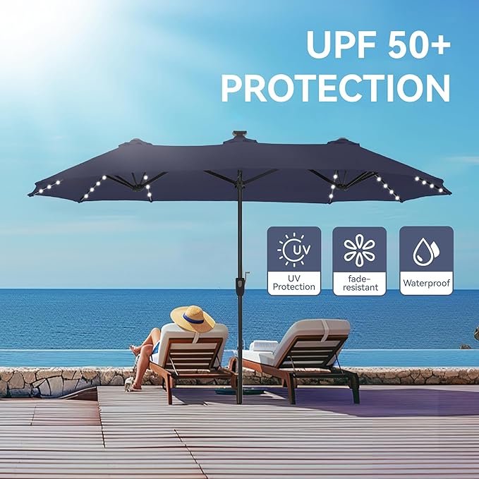 GREEN PARTY 13ft Outdoor Patio Umbrella with Solar Lights, 120 LED 12-Mode Large Double Sided Rectangular Table Umbrella, Heavy Duty Triple-Head Shade for Backyard Deck & Poolside, Navy Blue(No Base)