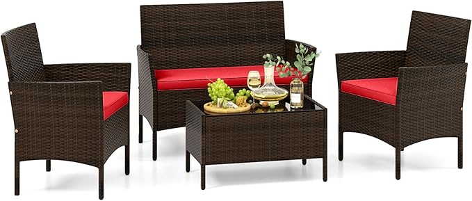 Tangkula 4 Piece Patio Rattan Conversation Set, Outdoor Wicker Furniture Set with Chair, Loveseat & Tempered Glass Table, Cozy Seat Cushions, Outside Sectional Sofa Set for Backyard, Porch (1, Red)