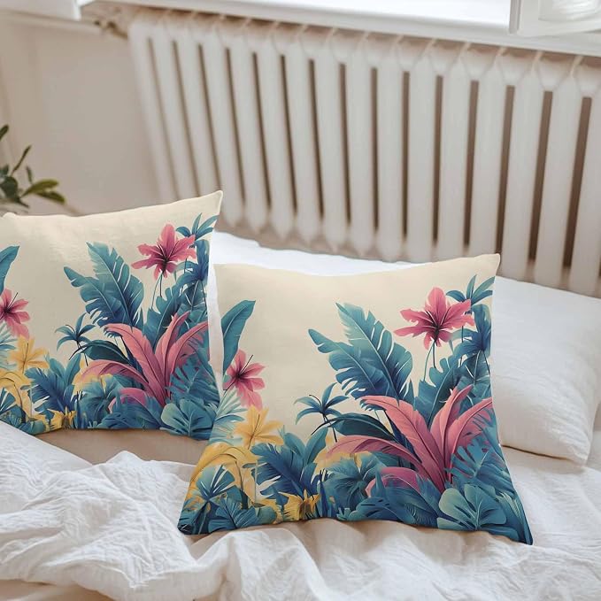 Summer Tropical Leaves Waterproof Outdoor Pillow Covers Set of 2 Home Decor, Farmhouse Botanical Plants Pillowcase Patio Pillow Covers for Couch Bench Furniture Garden 20x20in