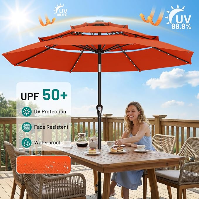AreShark 9ft 3 Tiers Patio Umbrella with Solar Lights, Outdoor Umbrella w/ 32 LED Lights&8 Sturdy Ribs, Table Umbrella for Deck, Backyard, Pool (Orange)