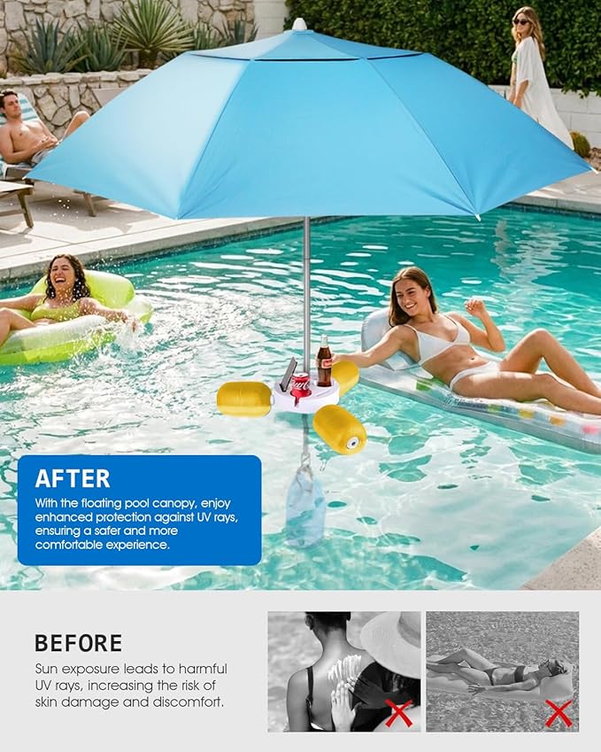 Floating Pool Umbrella 6.6ft - Portable UV Sun Shade Canopy with 3 Drink Holders, Stability Anchor Bag & Secure Floating Design - In-Water Use for Swimming Pools, Lakes, Beach and Outdoor Leisure