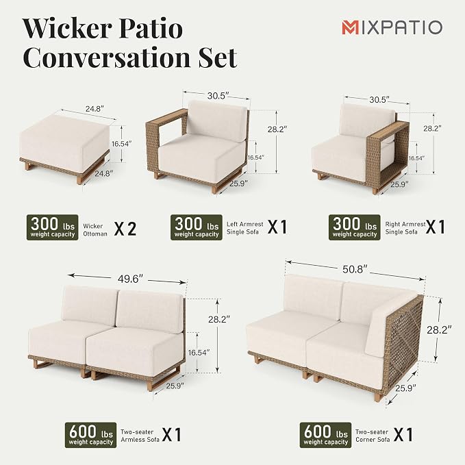MIXPATIO 8 Pieces Patio Sectional Furniture Set, Outdoor Conversation Sets with 10" Thick Cushions, Yellow Wicker Rattan Modular Sofa Couch, Low Profile Deck Backyard Lawn Furniture