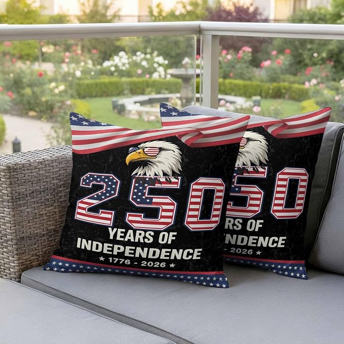 250 Years Anniversary Outdoor Waterproof Throw Pillow Covers 16x16 Set of 2, Independence Day USA Eagle Flag Decorative Pillowcases Cushion Pillowcase for Couch Sofa Patio Outside Pillow Protector