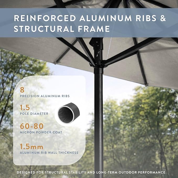 California Umbrella 8-Year Protection 9 Ft Outdoor Patio Umbrella, Solstice Fade-Resistant Fabric, Auto-Tilt, Heavy Duty Aluminum Frame, 8 Reinforced Ribs for Pool or Deck, Black Pole, Woven Granite