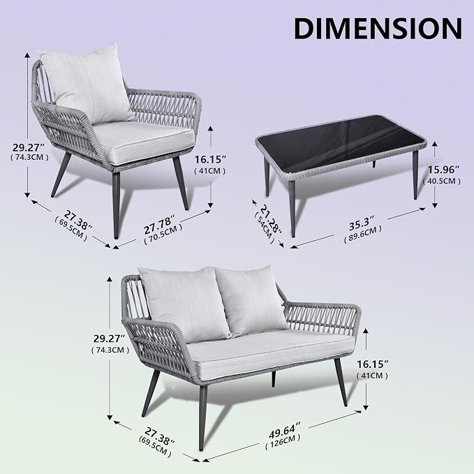 4-Piece Wicker Patio Furniture Set – Outdoor Conversation Set with 2 Armchairs, Loveseat & Tempered Glass Coffee Table, All-Weather Rattan Couch for Backyard, Deck, Balcony, Gray