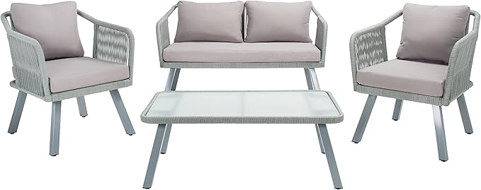 Safavieh Outdoor Collection Torsla Wicker Cushion 4-Piece Rope Patio Backyard Living Set PAT7520C, Grey/Grey