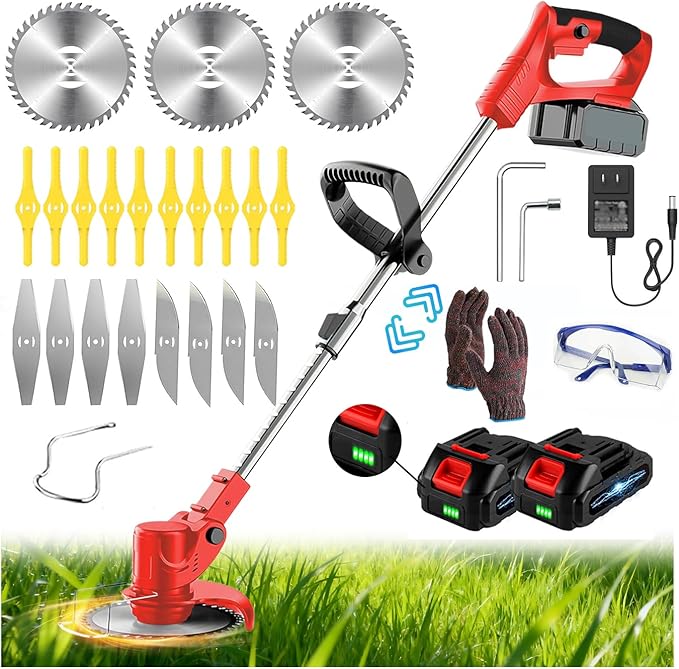 Electric Cordless Weed Wacker, 21V Electric Weed Wacker Eater with Battery Charger, 3 in 1 Grass Trimmer with 4 Types Blade, Lightweight Adjustable Design for Lawn, Yard