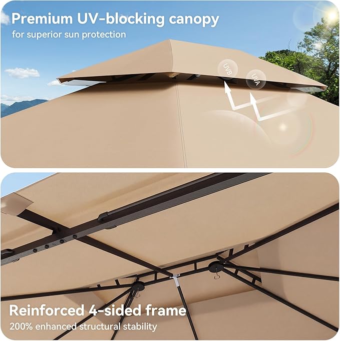 12'x10' Gazebo, Outdoor Gazebo Metal Frame Canopy with Double Roofs, Heavy Duty Patio Tent Shelter with Mosquito Netting and Privacy Screen for Backyard, Beige