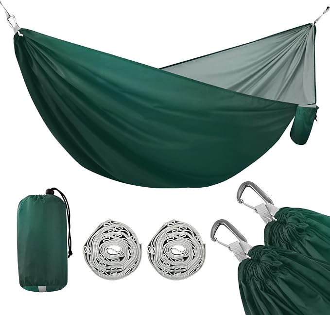 Hunter Green Solid Color Camping Hammock, Portable Lightweight Single Hammock with Tree Straps and Aluminum Carabiners, 114" x 54" Travel Hammock for Hiking Backpacking Beach