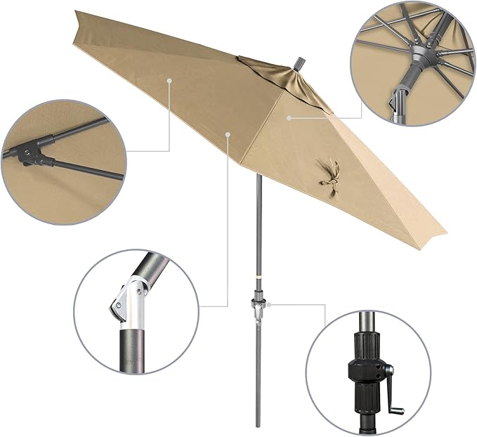 California Umbrella 9' Rd. Crank Lift, Collar Tilt, Aluminum Pole, Fiberglass Rib Patio Umbrella, Hammertone Grey Finish, Sunbrella Antique Beige