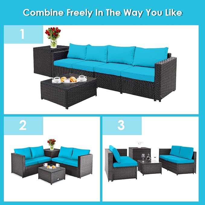 DORTALA 4 Pieces Outdoor Patio Furniture Set, Weather Resistant PE Rattan Conversation Set with 2 Loveseats, Outdoor Sectional Sofa Set with Comfy Cushions for Garden and Poolside, Turquoise