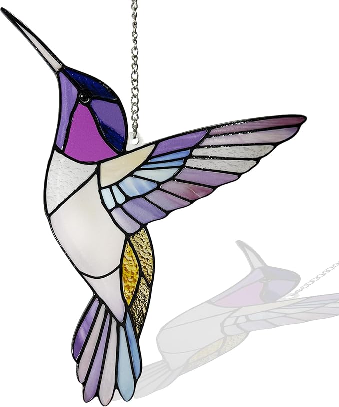 Hummingbirds Suncatcher Stained Glass, Hummingbird Suncatcher Ornament, Hummingbird Suncatcher for Grandma/Mom/Women (Purple)