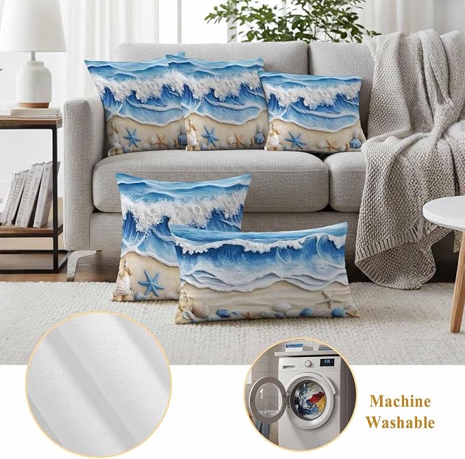 Summer Beach Outdoor Waterproof Throw Pillow Covers Set of 2, 26"x26", Seashell Starfish Nautical Coastal Decorative Pillow Covers Outside Cushion Case for Patio Porch Garden
