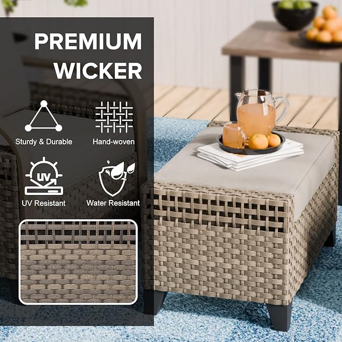 COOS BAY Modern Wicker Outdoor Furniture Set, 3 Piece Patio Conversation Set with a 3 Seat Couch and 2 Ottomans, 3 Piece, Brown/Gray